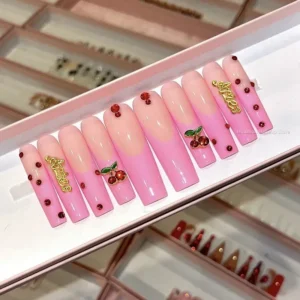 Long Square Pink French Style Press On Nails