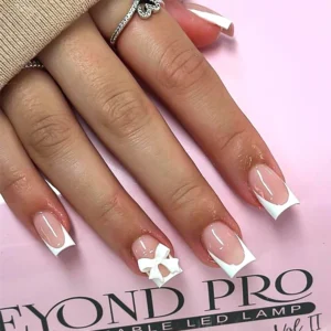 White French Press On Nails 3D Bow